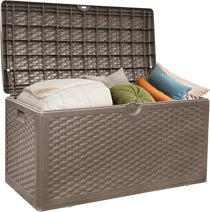 80 Gallon Pro Outdoor Storage Box Waterproof Lockable Resin Deck Box Large, Patio Storage Bin for Pool Accessories Cushion Furniture, Garden Tools, UV-Resistant Outside Delivery Brown-VerdiqueGarden