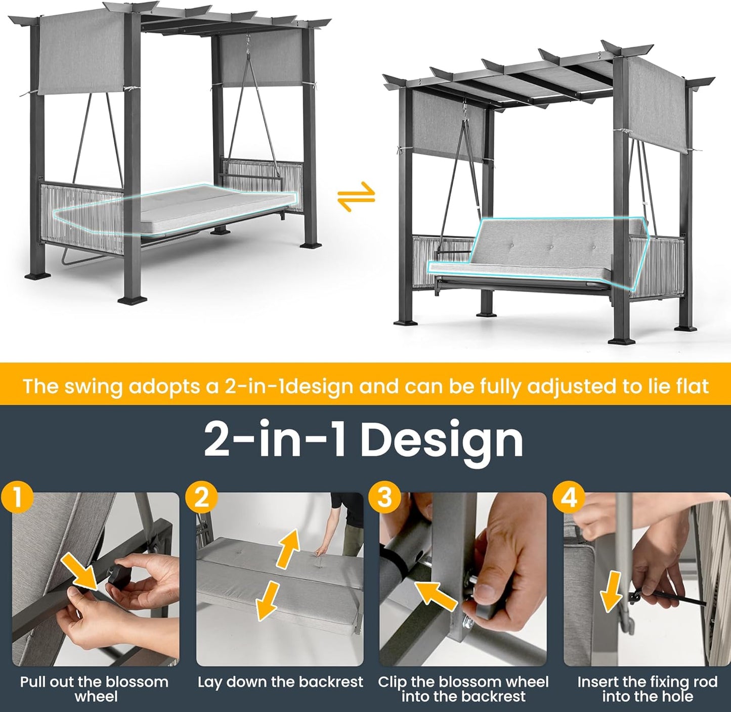 Pamapic 3-Seat Porch Swing Bed with Adjustable Canopy, Outdoor Hanging Swing Chair with Stand, Wicker Armrests, Patio Hammock Swinging for Porch, Backyard, or Garden, Comfortable Cushion, Gray-VerdiqueGarden