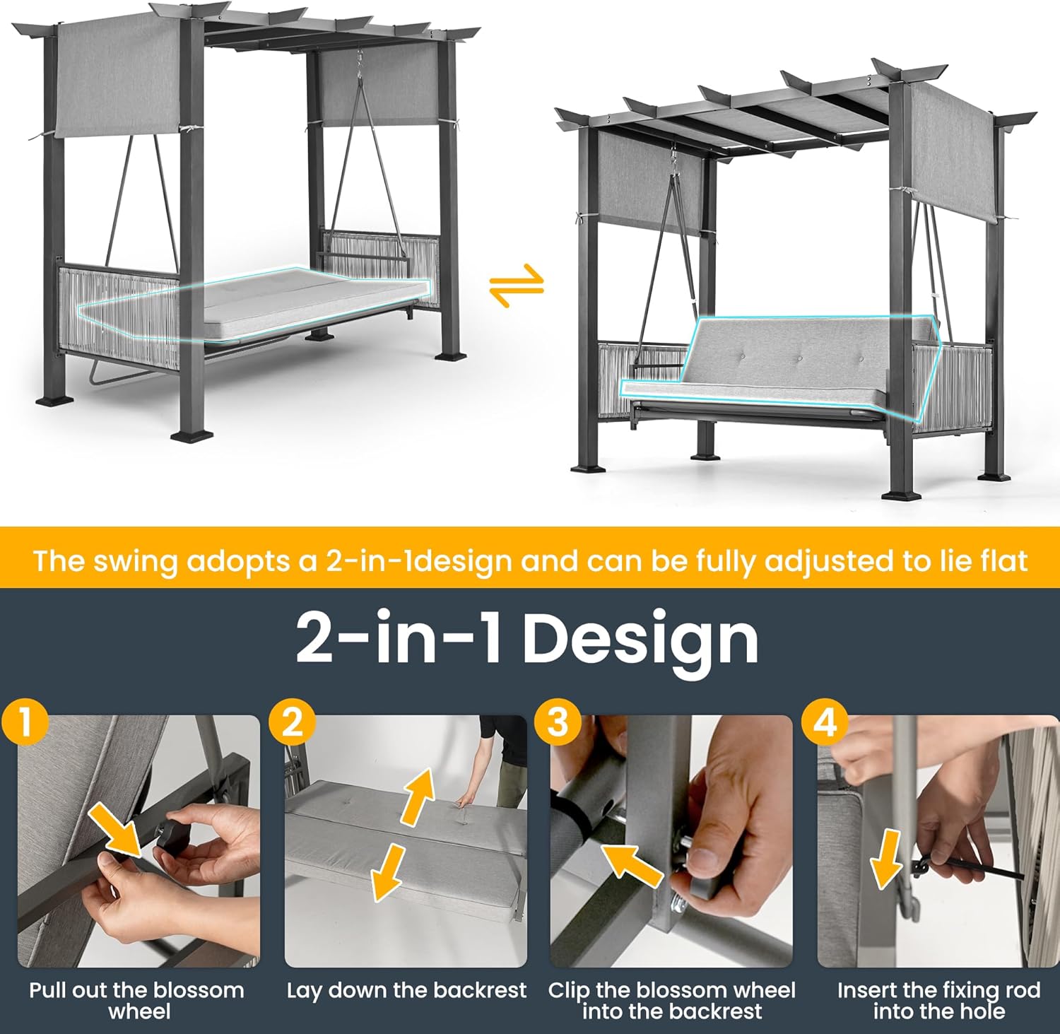 Pamapic 3-Seat Porch Swing Bed with Adjustable Canopy, Outdoor Hanging Swing Chair with Stand, Wicker Armrests, Patio Hammock Swinging for Porch, Backyard, or Garden, Comfortable Cushion, Gray-VerdiqueGarden