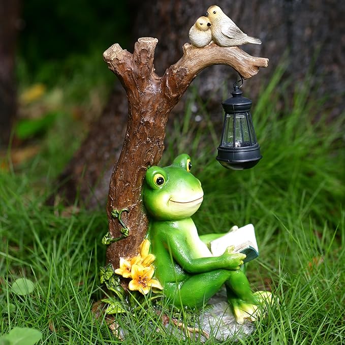 Outdoor Funny Frog Statue, Resin Reading Frogs Garden Decor, Solar Frog Gift Sculpture Decoration for Home Patio, Yard, Lawn, Porch, Ornament-VerdiqueGarden