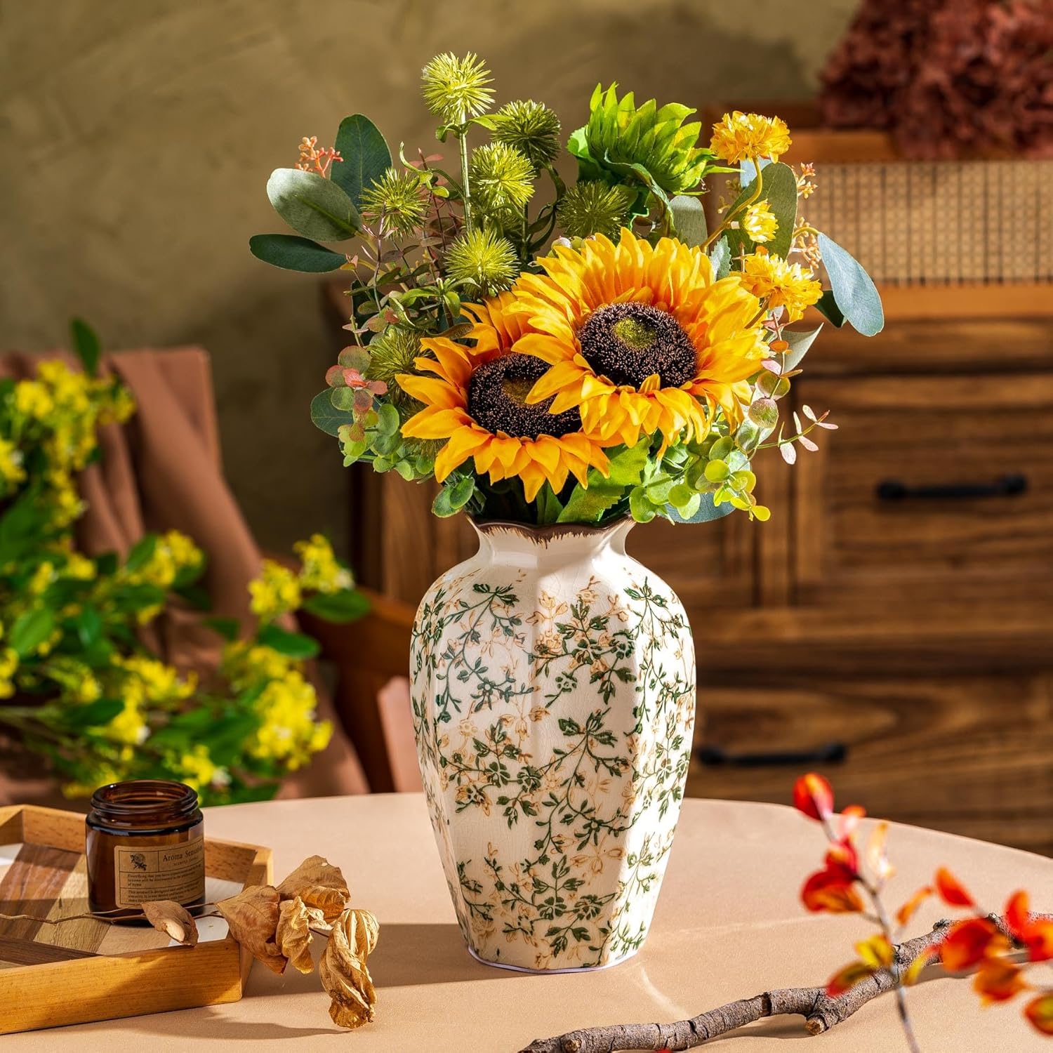 Vintage Pastoral Octagonal Vase, Green and Beige Retro Ceramic Flower Vase, Rustic Farmhouse Vases Chinoiserie Floral Large Vase for Home Decor, Living Room, Kitchen, Bedroom and Shelf 9.1 Inch-VerdiqueGarden