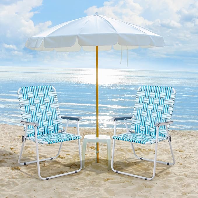 VINGLI Patio Lawn Webbed Folding Chairs Outdoor Beach Portable Camping Chair for Yard, Garden (2, White & Blue, Oversized)-VerdiqueGarden