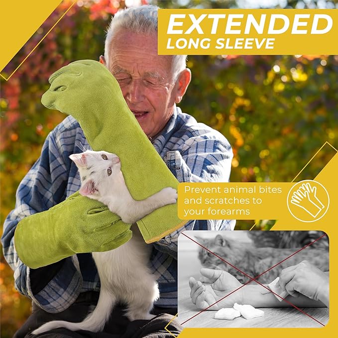 HANDLANDY Animal Handling Gloves, Bite Proof Cat Gloves, Ideal for Rose Pruning, Gardening, Falconry, Pet Grooming (Ginger yellow, 16 Inches)-VerdiqueGarden