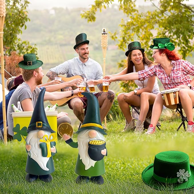HONGLAND St. Patricks Day Decorations Outdoor Green Gnomes, Metal Gnomes Figurine Irish Leprechaun St Patricks Day Decor, Luck Shamrock Gnome for Home Outside Garden Lawn Party Yard Patio (14 INCH)-VerdiqueGarden