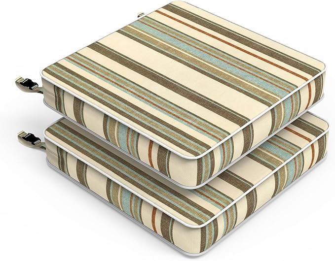 LVTXIII Patio Chair Cushions 22"x22"x3", Water-Repellent Outdoor Seat Cushions for Patio Furniture, Square Chair Pads with Ties for Home Garden Decoration, Set of 2, Stripe Onyx-VerdiqueGarden