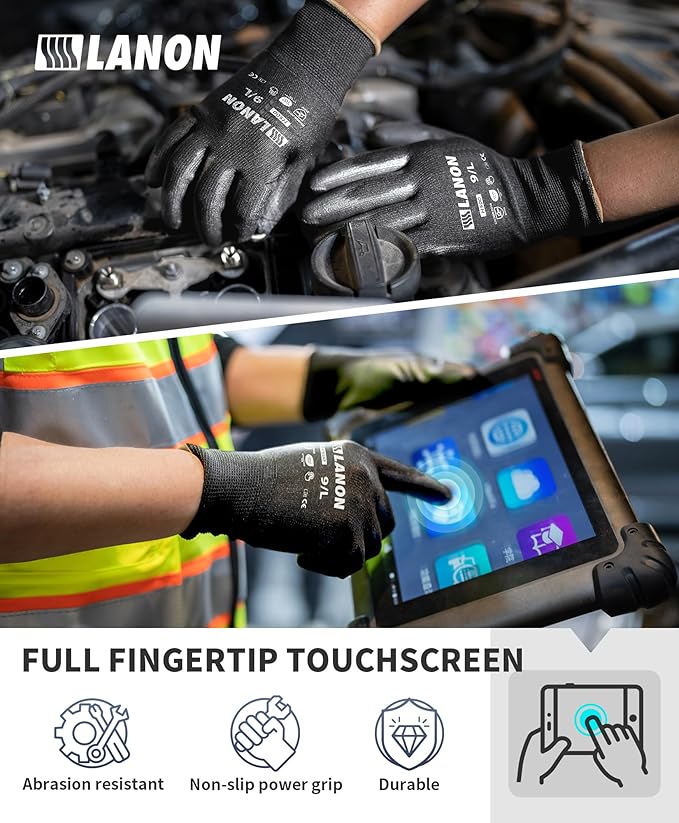 LANON Safety Work Gloves for Men and Women, 18 Pairs Mechanic Black Working Gloves with Grip Odorless PU Coated, Seamless Knit, Full Fingertip Touchscreen for Light Duty Working Gloves, Medium-VerdiqueGarden