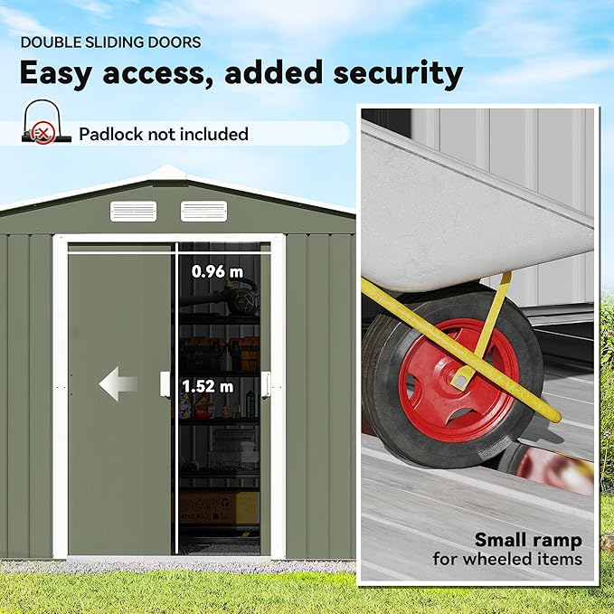 Outsunny 9' x 6' Outdoor Storage Shed, Garden Tool Metal Shed with Foundation Kit, Double Lockable Door, Air Vents and Sloping Roof, for Backyard, Patio, Lawn, Green-VerdiqueGarden