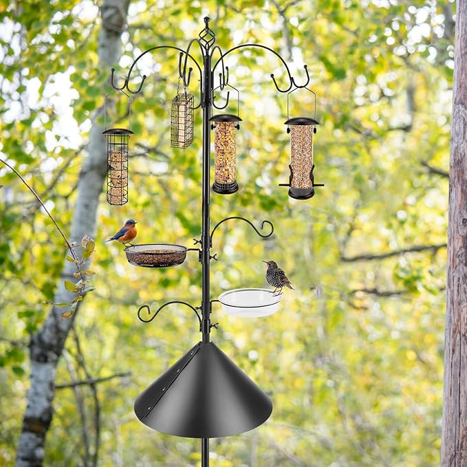 Bird Feeding Station Kit Bird Feeder Pole Wild Bird Feeder Kit with Squirrel Baffle and Suet Cage Mesh Tray Fruit Hook Double W Hook for Attracting Wild Birds-VerdiqueGarden