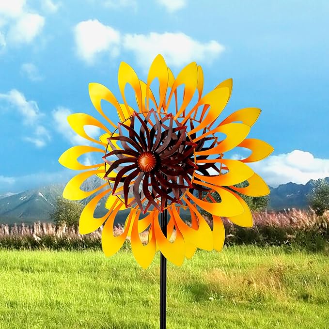 Sunflower Wind Spinners, 360 Degrees Swivel Metal Wind Sculptures, 76" Large Garden Pinwheels for Yard Lawn Patio Decor-VerdiqueGarden