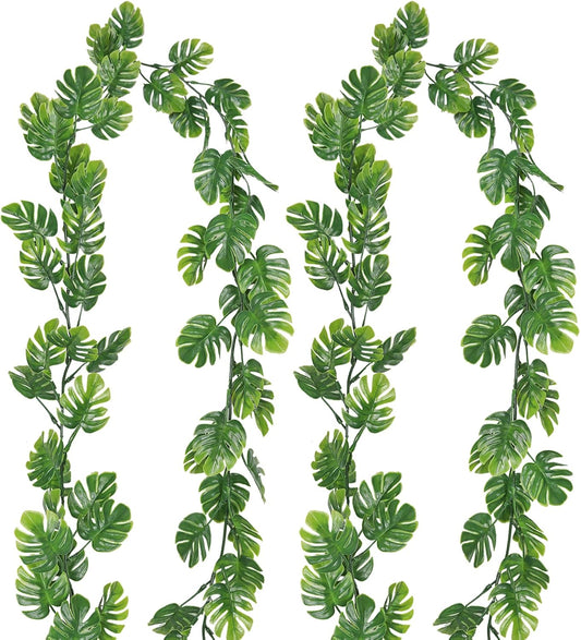RECUTMS 2Pcs Artificial Monstera Leaf Vines 5.9FT Fake Hanging Plants Ivy Faux Tropical Palm Leaves Greenery Garland for Garden Porch Patio Jungle Luau Beach Birthday Party Indoor Outdoor Spring Décor-VerdiqueGarden