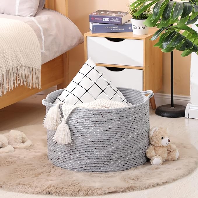 KAKAMAY Large Blanket Basket (20"x13"),Woven Baskets for storage Baby Laundry Hamper, Cotton Rope Blanket Basket for Living Room, Laundry, Nursery, Pillows, Grey with Blue & Brown Dotted-VerdiqueGarden