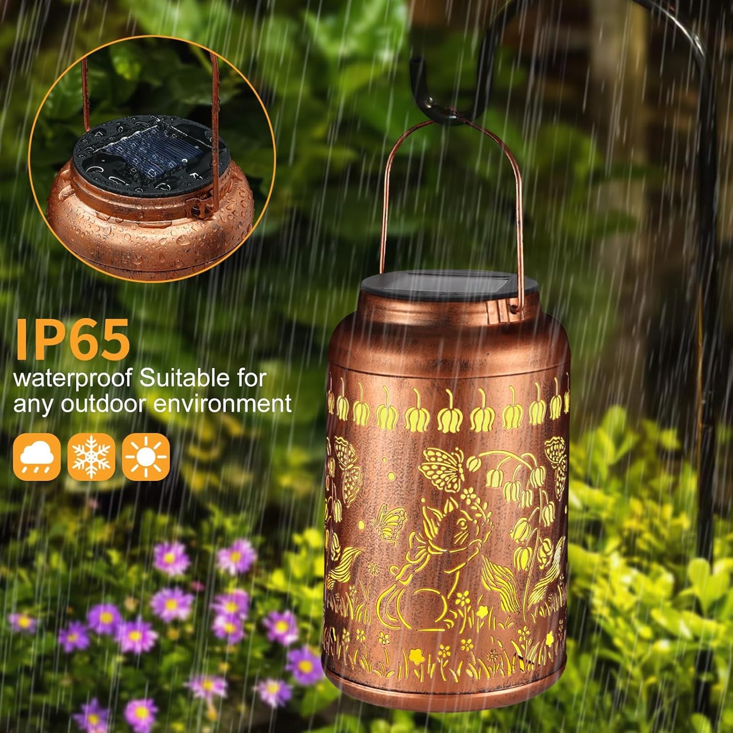 2 Pack Solar Lanterns Outdoor Waterproof, Cats Garden Decor Gifts for Women Mom Grandma Hanging Solar Lights Metal Decoration Outside for Yard, Patio, Lawn-VerdiqueGarden
