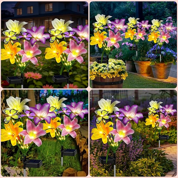 Solar Garden Lights Outdoor, 4 Pack Flower Lights for Outside, 16 Solar Lilies with Butterflies, Waterproof Garden Decor for Yard, Patio, Gifts for Women Mom (4 pcs Lilies)-VerdiqueGarden