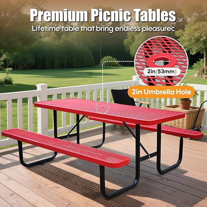 6FT Metal Picnic Tables for Outdoors, Commercial Rectangular Picnic Table and Bench Set for Outside, Patio, Garden, Backyard, Porch, Surface Mount, Red-VerdiqueGarden