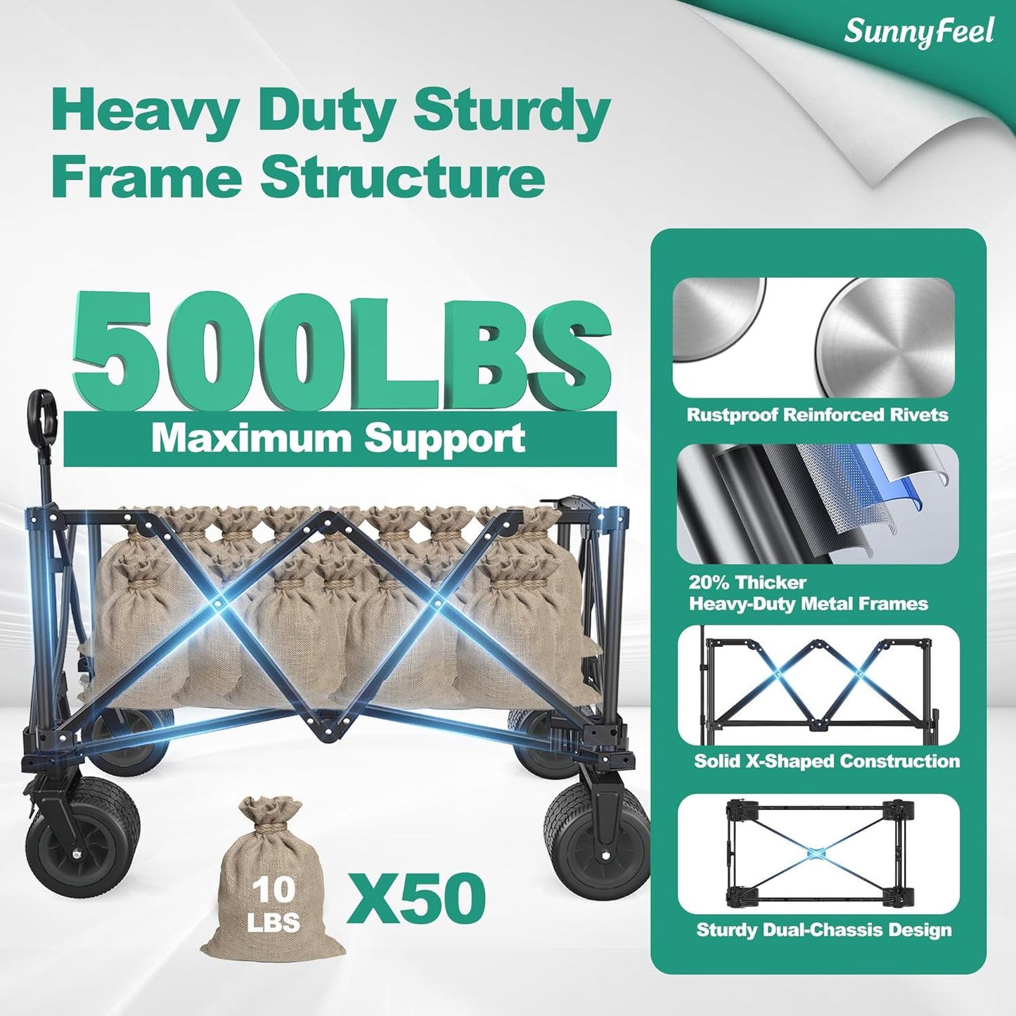 SUNNYFEEL Heavy Duty Collapsible Outdoor Utility Wagon Cart 500LB Capacity Adjustable Handlebar,Foldable Beach Wheels Stable Durable Oxford Fabric for Shopping Garden Camping (Black, Tall Version)-VerdiqueGarden