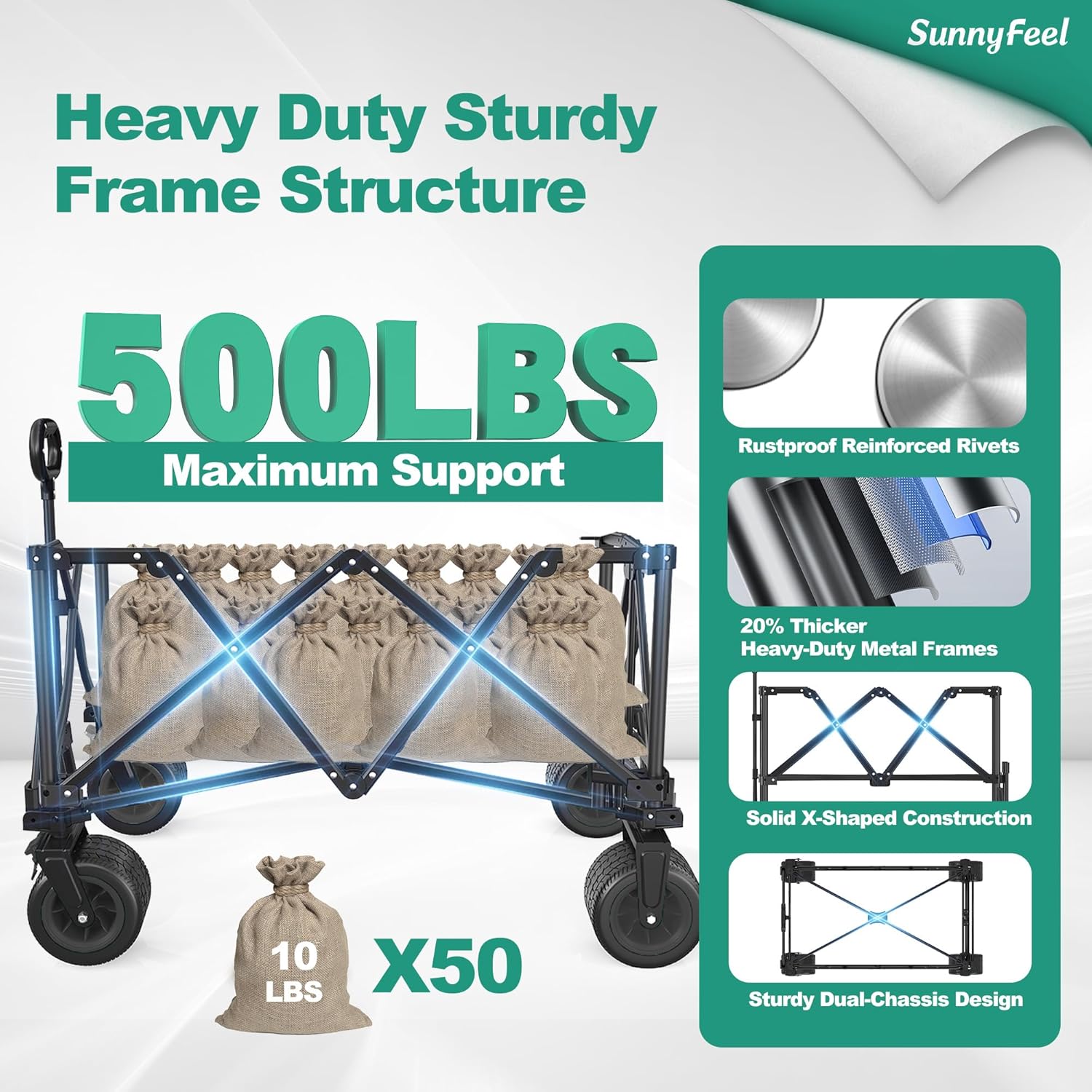 SUNNYFEEL Heavy Duty Collapsible Outdoor Utility Wagon Cart 500LB Capacity Adjustable Handlebar,Foldable Beach Wheels Stable Durable Oxford Fabric for Shopping Garden Camping (Black, Tall Version)-VerdiqueGarden