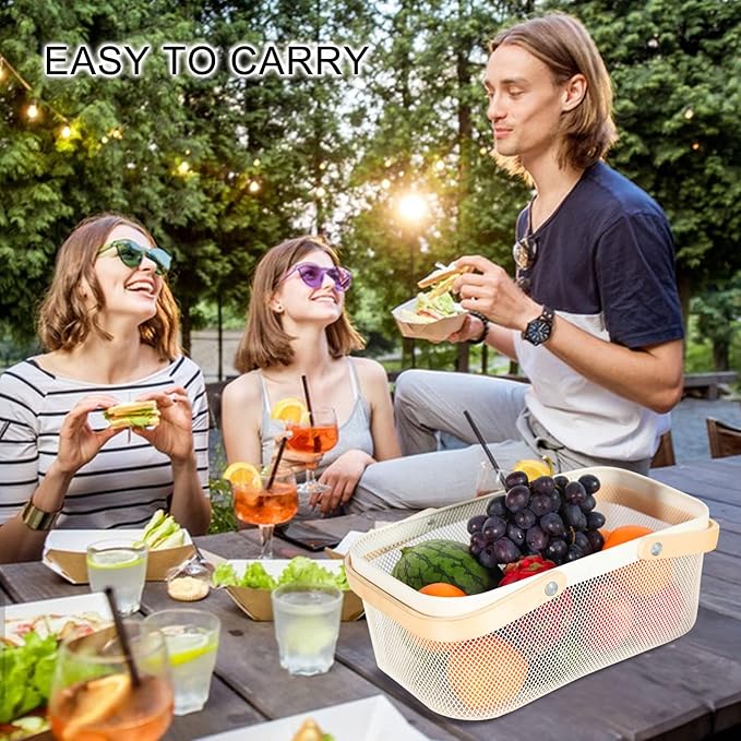 Garden Harvest Basket,Delicate Harvest Basket for Garden Vegetables,Practical Metal Mesh Wire Basket with Handle Suitable for Bathroom,Cabinet,Kitchen(White)-VerdiqueGarden