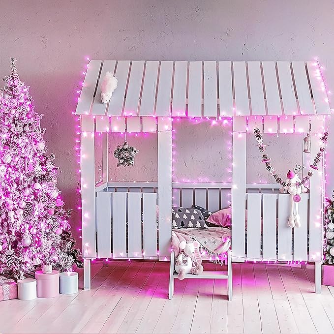 JMEXSUSS Connectable 100 LED Room Lights, 33ft 8 Modes Pink Christmas Lights Clear Wire, Plug in Pink String Lights Indoor Outdoor for Room Decor Christmas Tree Bedroom Valentines Party-VerdiqueGarden