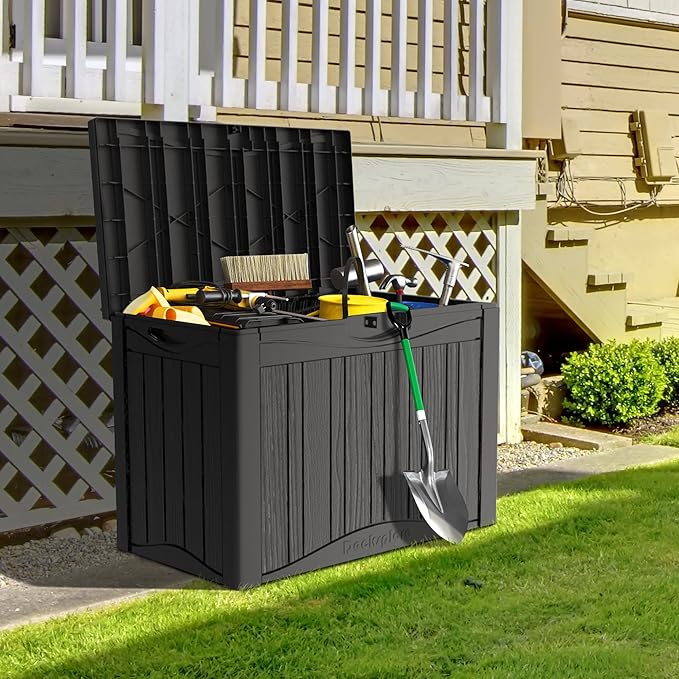 50 Gallon Lockable Resin Deck Box, Waterproof & UV-Resistant Outdoor Storage Box for Outdoor Cushion Storage, Garden Tools & Pool Accessories Storage, Black-VerdiqueGarden