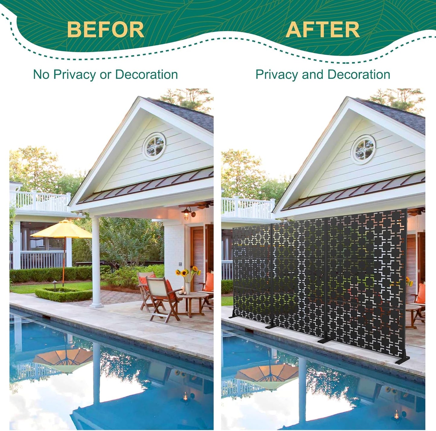 72" H×47" W Metal Privacy Screen Outdoor Privacy Screen Freestanding, Outdoor Privacy Screens and Panels for Patio Lawn Deck, Outdoor Privacy Panels Decorative Privacy Fence(Consists of 3 Panels)-VerdiqueGarden