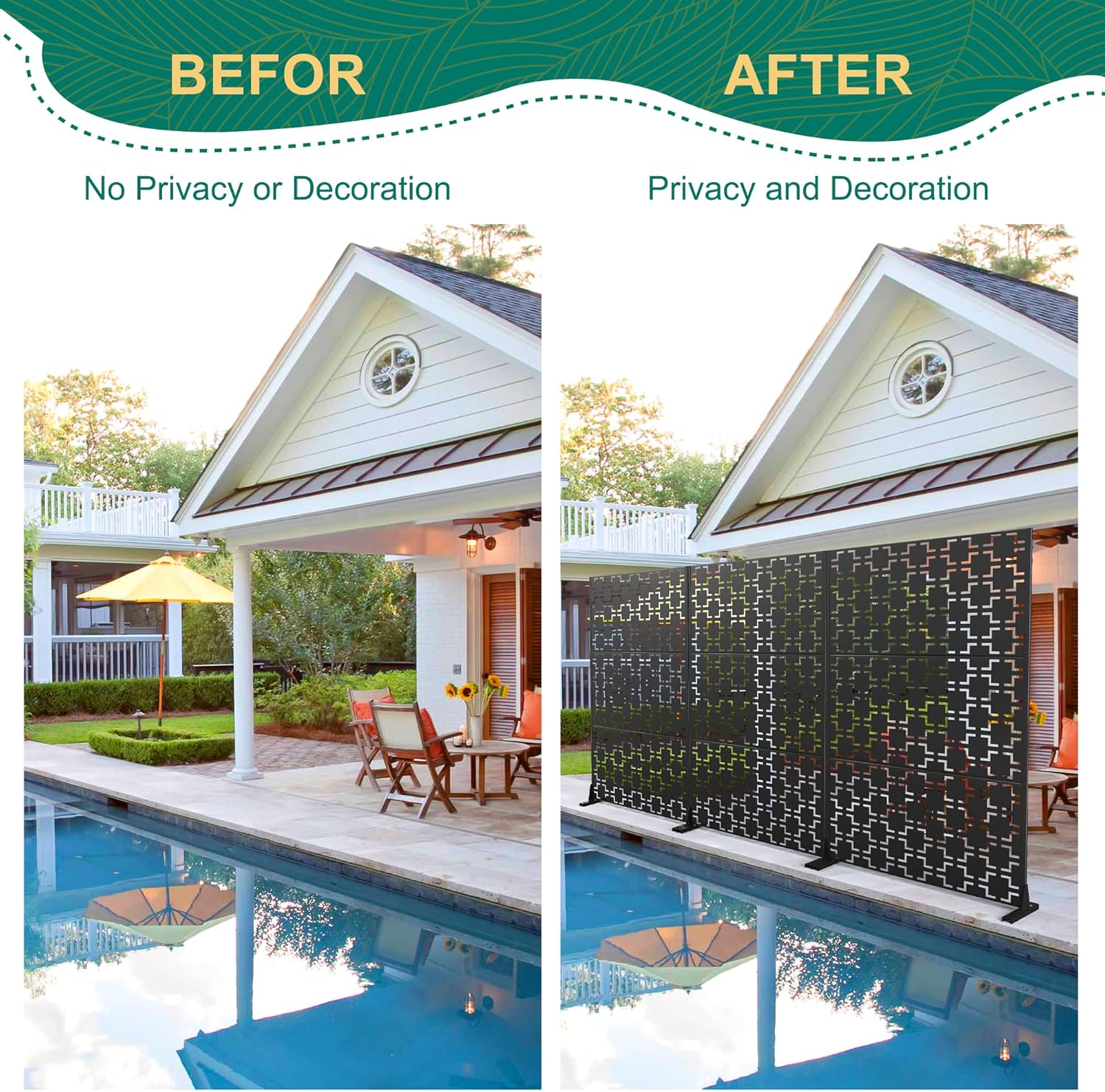 72" H×47" W Metal Privacy Screen Outdoor Privacy Screen Freestanding, Outdoor Privacy Screens and Panels for Patio Lawn Deck, Outdoor Privacy Panels Decorative Privacy Fence(Consists of 3 Panels)-VerdiqueGarden