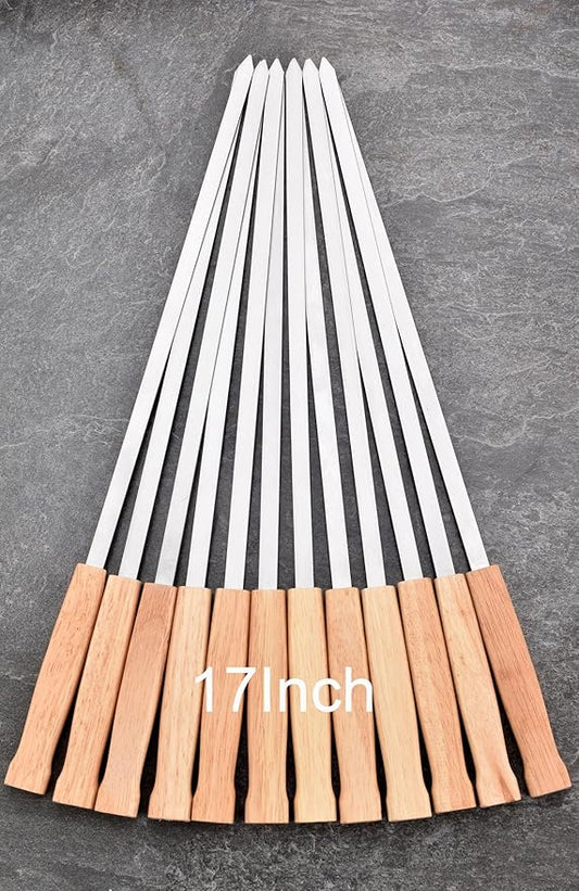 17-Inch Long Flat BBQ Skewers, HONSHEN Brazilian-style Stainless Steel 3/8 Inch Wide Blade with hardwood Handle barbecue skewers for Grilling Meat,Chicken,Shrimp,Vegetables-Set of 12-VerdiqueGarden
