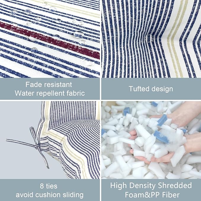 LVTXIII Outdoor Tufted High Back Cushions Set of 2 Patio Seasonal Replacement Rocking Chair Cushion with Ties, Solid Seat and Back Chair Cushion, (44” L x 22W”, Stripe Denim Blue)-VerdiqueGarden