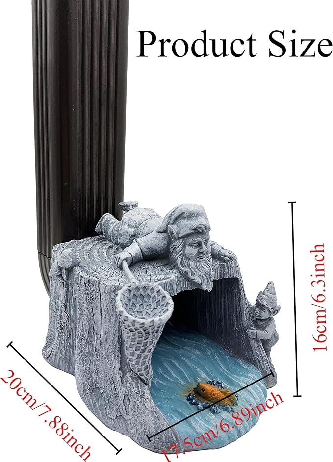 Gnome Fishing 3"x4" Gutter Downspout Splash Block Decor, Garden Outdoor Animal Resin Statue & Sculpture, Gutter Diverter Rain, Decorative Gutter Extension Downspout, Eco-Friendly-VerdiqueGarden