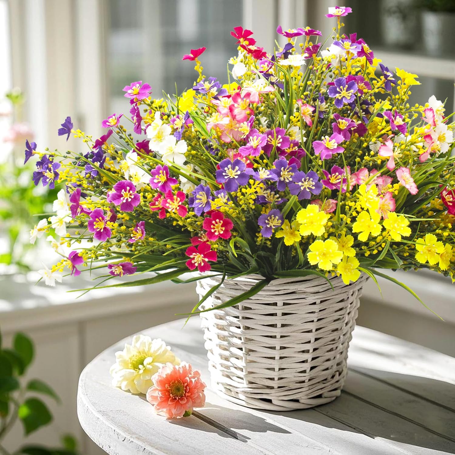 24 Bundles Artificial Faux Flowers Outdoor Plants for Autumn Summer Decoration,Fake Silk Realistic UV Resistant Colorful Daisy for Outside Home Porch Patio Balcony Yard Decor-VerdiqueGarden