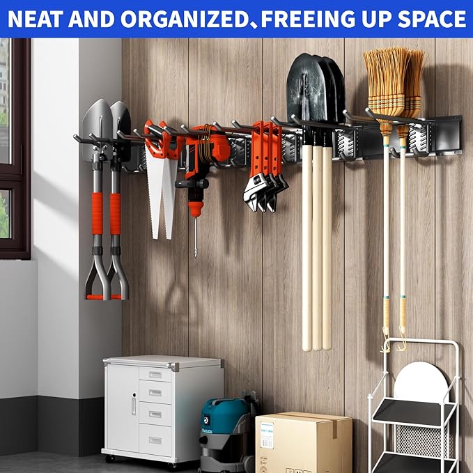 Garage Organization Tool Organizer Wall Mount, 48inch Heavy Duty Garden Tool organizer Storage System, Easy Install With 6 Adjustable Bilayer Hooks, For Garage, Basement, Shed, Workshop(Black)-VerdiqueGarden