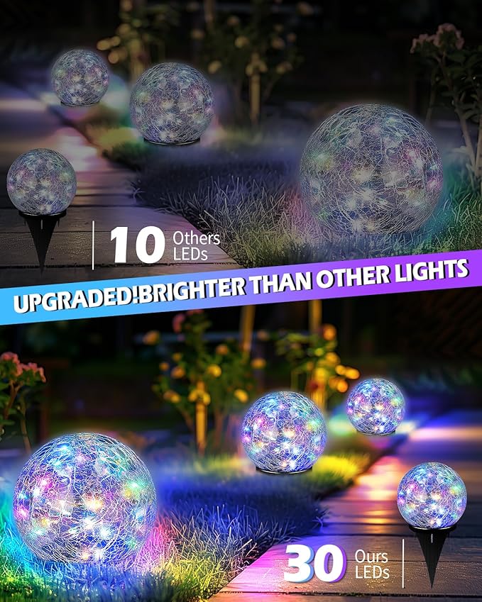 Garden Solar Ball Lights Outdoor Waterproof, 30 LED Cracked Glass Globe Solar Power Ground Lights for Path Yard Patio Lawn, Christmas Decoration Landscape Colorful (2 Pack 3.9'')-VerdiqueGarden
