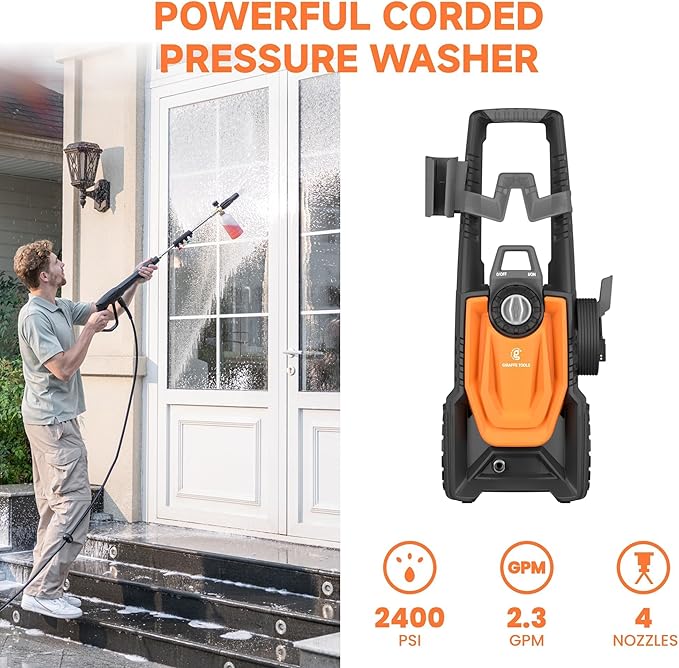 Giraffe Tools Electric Pressure Washer, 2400 PSI 2.3 GPM with 4 Quick-Connect Nozzles, 20FT Hose & Foam Cannon, Powerful Washer for Cars/Road/Driveways/Fences-VerdiqueGarden