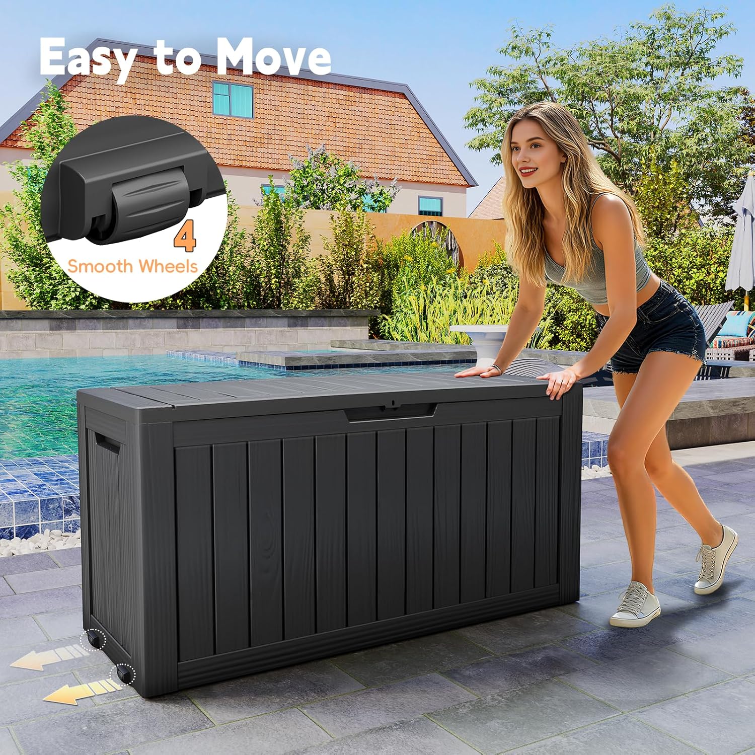 Outdoor Storage Box, 72 Gallon Waterproof Resin Deck Box, Storage Bin for Package Delivery, Patio Furniture Cushion, Garden Tools, Pool Accessories, Weatherproof and UV Resistant, Black-VerdiqueGarden