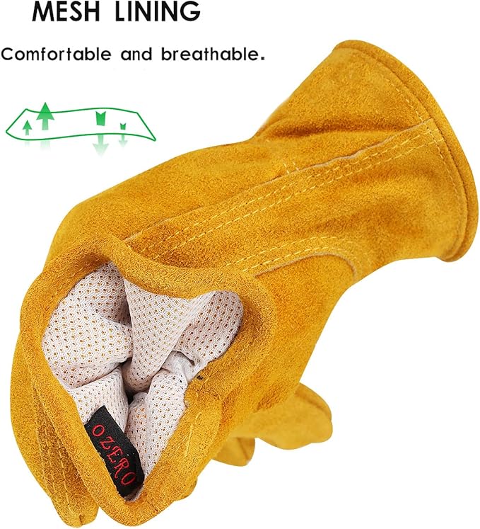 OZERO Leather Work Gloves Flex Grip Tough Cowhide Gardening Glove for Men and Women (Large, Gold With Mesh Linning)-VerdiqueGarden