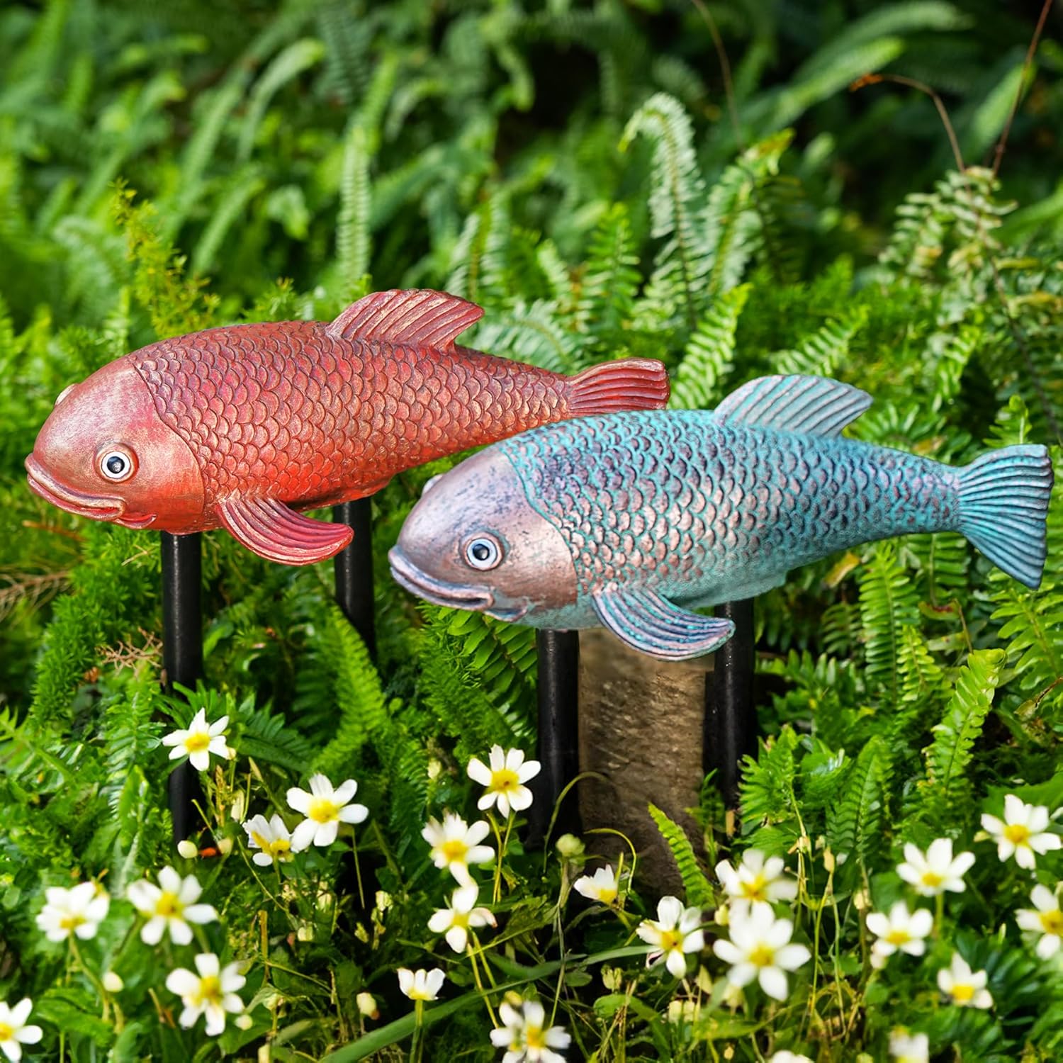 10.8" Resin Koi Pond Kit, 2Pcs Antique Koi Fish Garden Statues, Yard Pond Decor, Large Outdoor Statues Ornaments, Real Fish Sculpture Art, Garden for Outdoors-VerdiqueGarden
