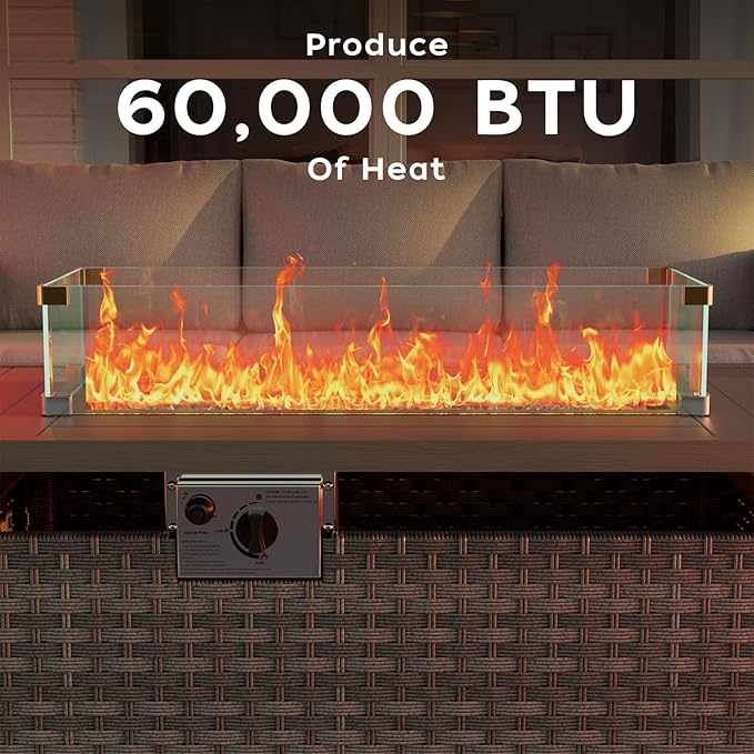 Propane Fire Pit Table Outdoor, 44" 60000BTU Auto-Ignition Fire Pits Table with Wind Guard Square Large Wicker Propane Firepits for Porch Garden(Grey,CSA Certified)-VerdiqueGarden