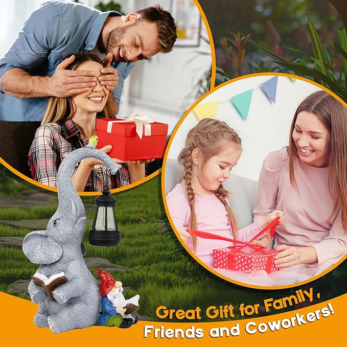 Solar Outdoor Garden Statues Lights, Elephant Figurines with Cute Gnome Garden Sculpture Decor, Luck Elephant Gifts for Woman Mother or Daughter, Unique Housewarming Gifts and Yard Decor-VerdiqueGarden
