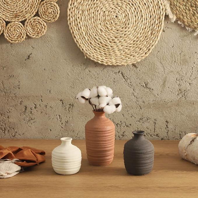 Ceramic Vase Set of 3 Decorative Vase for Home Decor Modern Farmhouse Decor Pottery Neutral Vases for Living Room Bathroom Table Mantel Fireplace Entryway Shelf (02-Brown)-VerdiqueGarden