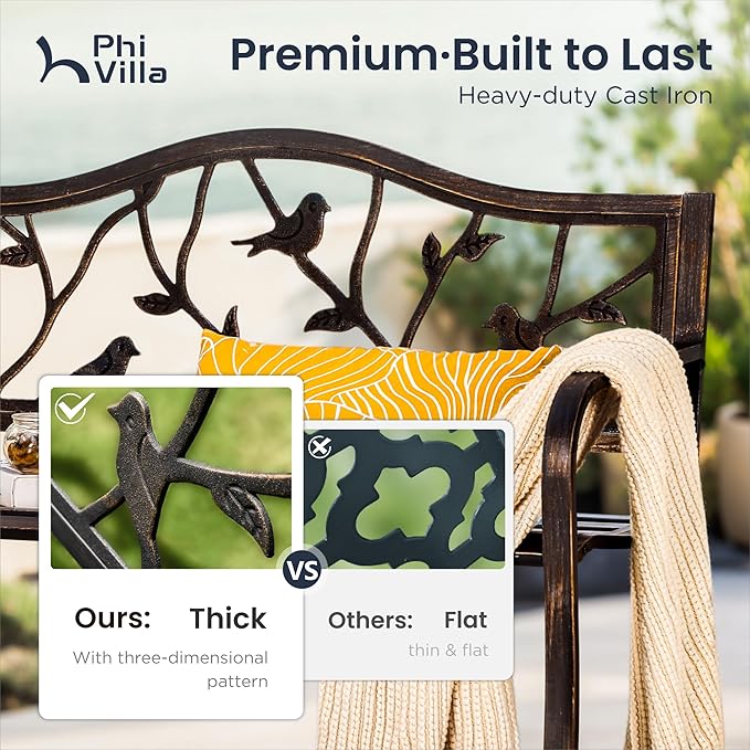PHI VILLA Outdoor Garden Park Bench Patio 50" Metal Bench, Steel Frame Bench with Backrest and Armrests for Porch, Lawn, Balcony, Backyard and Indoor, Bronze-VerdiqueGarden