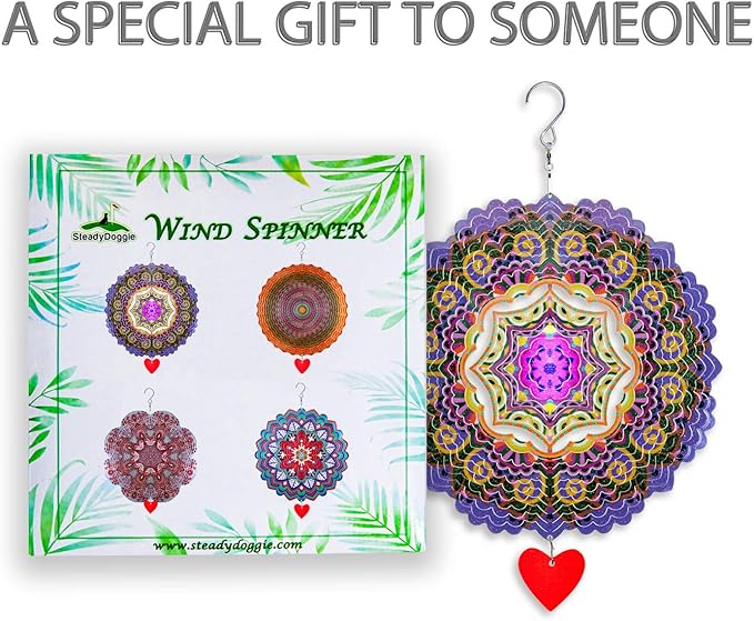 SteadyDoggie 12-Inch 3D Wind Spinners Outdoor - Mandala Purplerain Windmill Yard Decorations - Stainless Steel Laser Cut Ornament - Kinetic Garden Decor for Outside-VerdiqueGarden