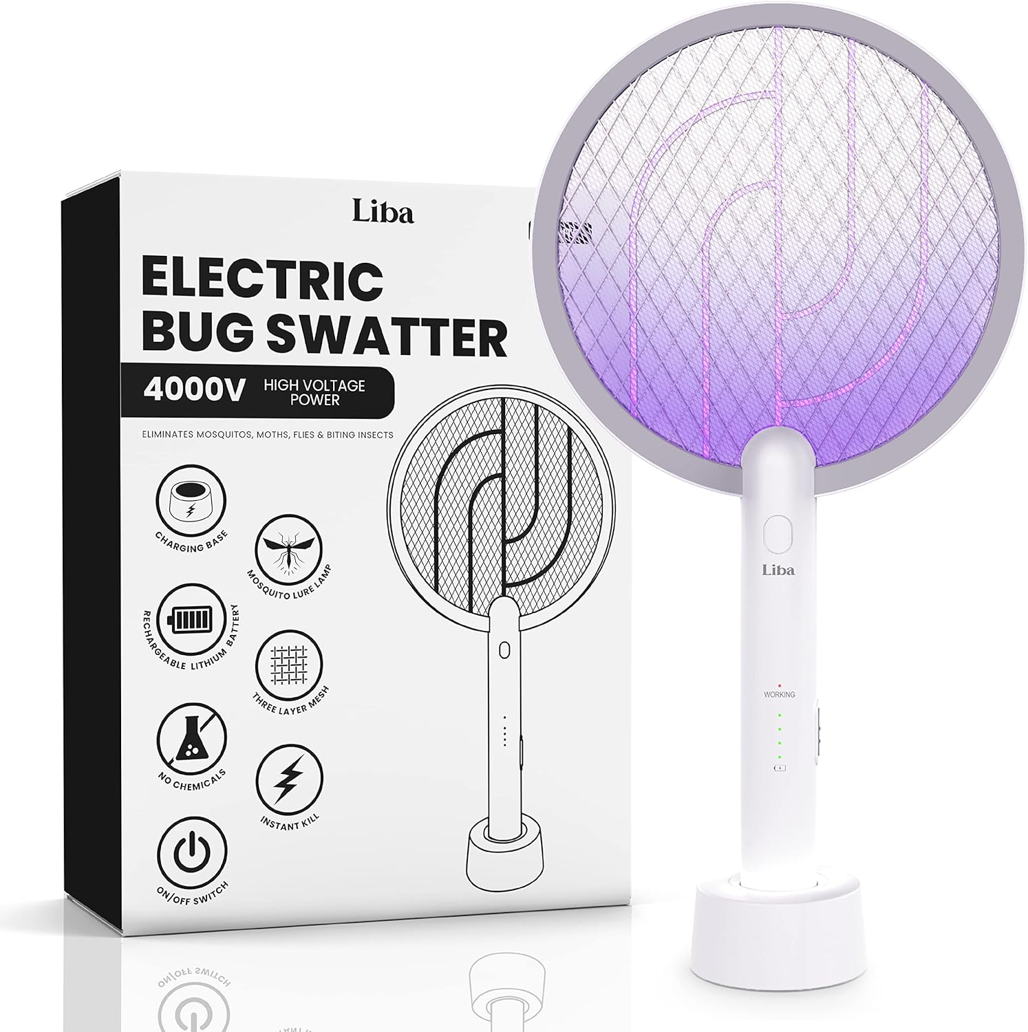 LiBa Electric Fly Swatter Racket, 2 in 1 Electric Bug Zapper USB Rechargeable, 4000V Indoor Outdoor Mosquitoes Zapper with 5 Layer Safety Mesh, Cordless Insect Killer Trap Home Office Camping Patio-VerdiqueGarden