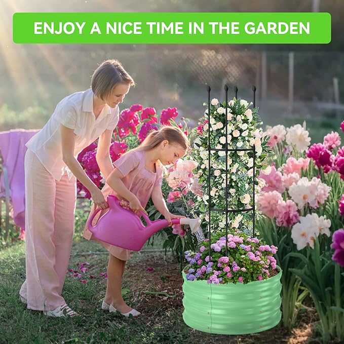 1 Pack Raised Garden Beds Outdoor, Galvanized Metal Raised Garden Bed with Trellis, 23.6x23.6x60in Tomato Cages for Garden Planters Box with Trellis for Climbing Plants Vegetable Vine Flowers-VerdiqueGarden