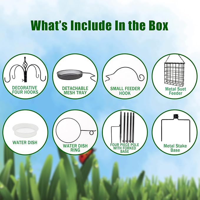 yosager Premium Bird Feeding Station Kit, 77" x 19" Birds Feeder Pole, Deluxe Multi Feeder Hanging Kit with Metal Suet and Bird Bath for Wild Birds Watching, Birdfeeder and Planter Hanger-VerdiqueGarden