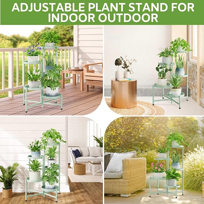 iDavosic.ly 5 Tier Large Plant Stand Indoor, 10 Inch Wide Corner Tall Metal Plant Stands Outdoor for Multiple Plants, Folding Tiered Flower Display Holder Rack Shelf, Light Green-VerdiqueGarden