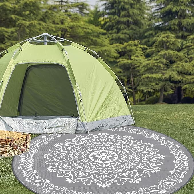 Pauwer Waterproof Outdoor Rug 8ft, Reversible Plastic Straw Patio Camping Rug, Indoor Outdoor RV Mat Carpet for Deck, Camper, Porch, Balcony, Backyard, Picnic, Floral Grey-VerdiqueGarden