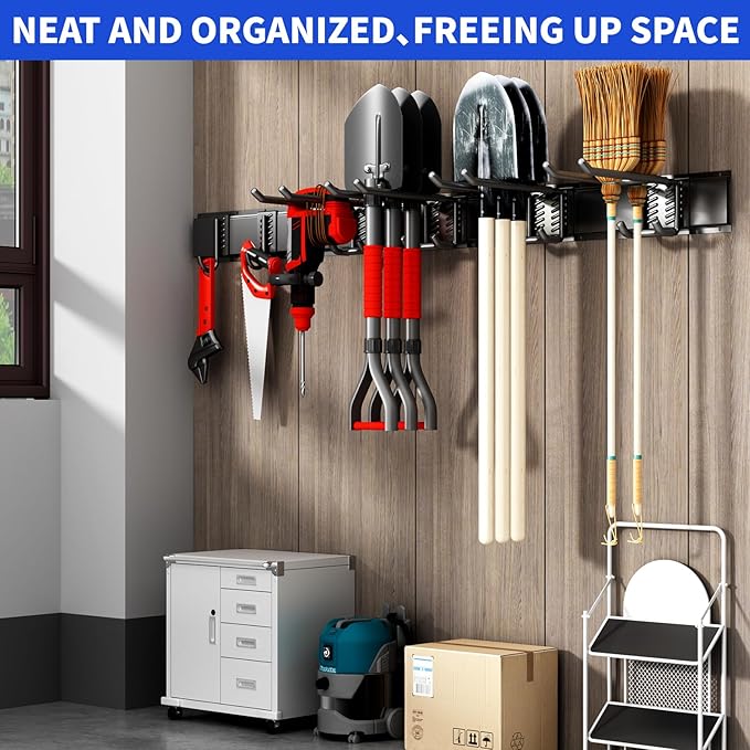 Garage Organization Tool Organizer Wall Mount, 32inch Heavy Duty Garden Tool organizer Storage System, Easy Install With 6 Adjustable Hooks, For Garage, Basement, Shed, Workshop(Black)-VerdiqueGarden