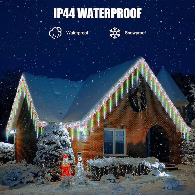 Icicle Lights Outdoor, 10 Ft Meteor Shower Lights with 10 Ice Shaped Tube, Snowfall Shooting Star Light Effect, Falling Crystal Christmas Decorations for House Eave Roofline Patio, Multicolor-VerdiqueGarden