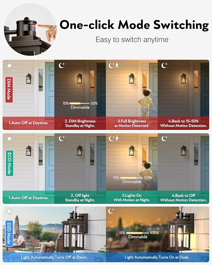 Distance-Adjustable Motion Sensor Outdoor Lights, Oil Rubbed Bronze Wall Mounting Porch Light, Waterproof Dusk to Dawn Exterior Lighting Fixtures Sconce, Anti-Rust Outdoor Lanterns for Porch-VerdiqueGarden