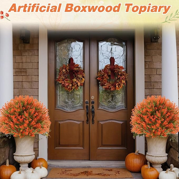 Yunlly 4 Pcs 18 Inch Fall Artificial Boxwood Ball Topiary Tree Outdoor Plants Bush, UV Resistance Faux Shrub with Spike Fall Porch Decor for Indoor Garden Yard Porch Patio Decor (Orange)-VerdiqueGarden