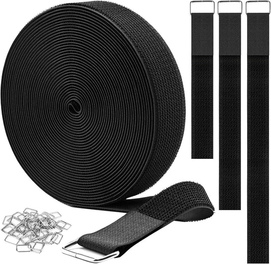1.5"x32ft Hook and Loop Straps with 30 Metal Buckles, Adjustable Fastening Cable Straps, Cut-to-Length Cinch Strap, Reusable Nylon Securing Cord Ties for Organizer or Storage, Black-VerdiqueGarden